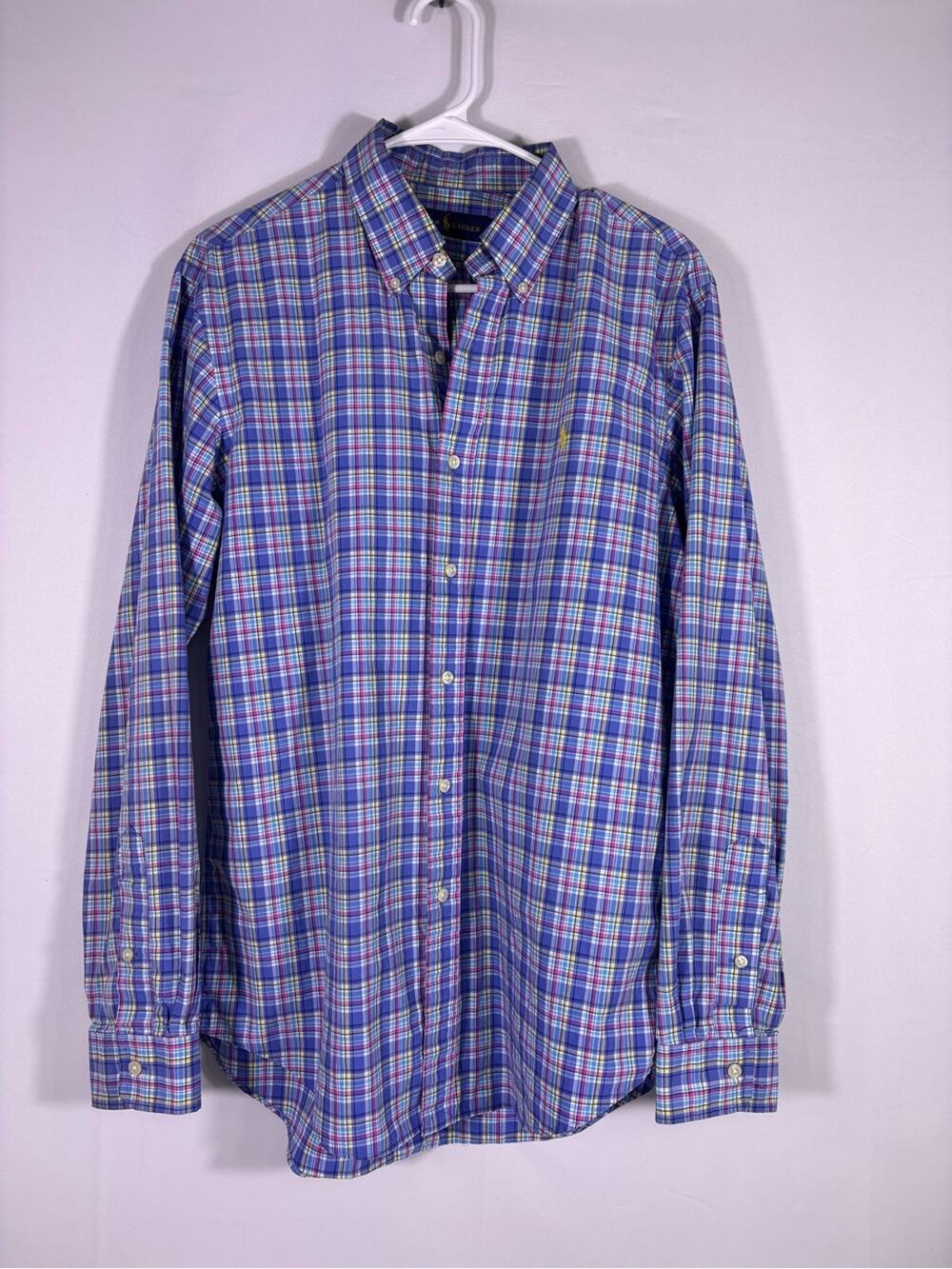 Ralph Lauren Plaid Button Down Shirt Blue Pink Cotton Preppy Size M